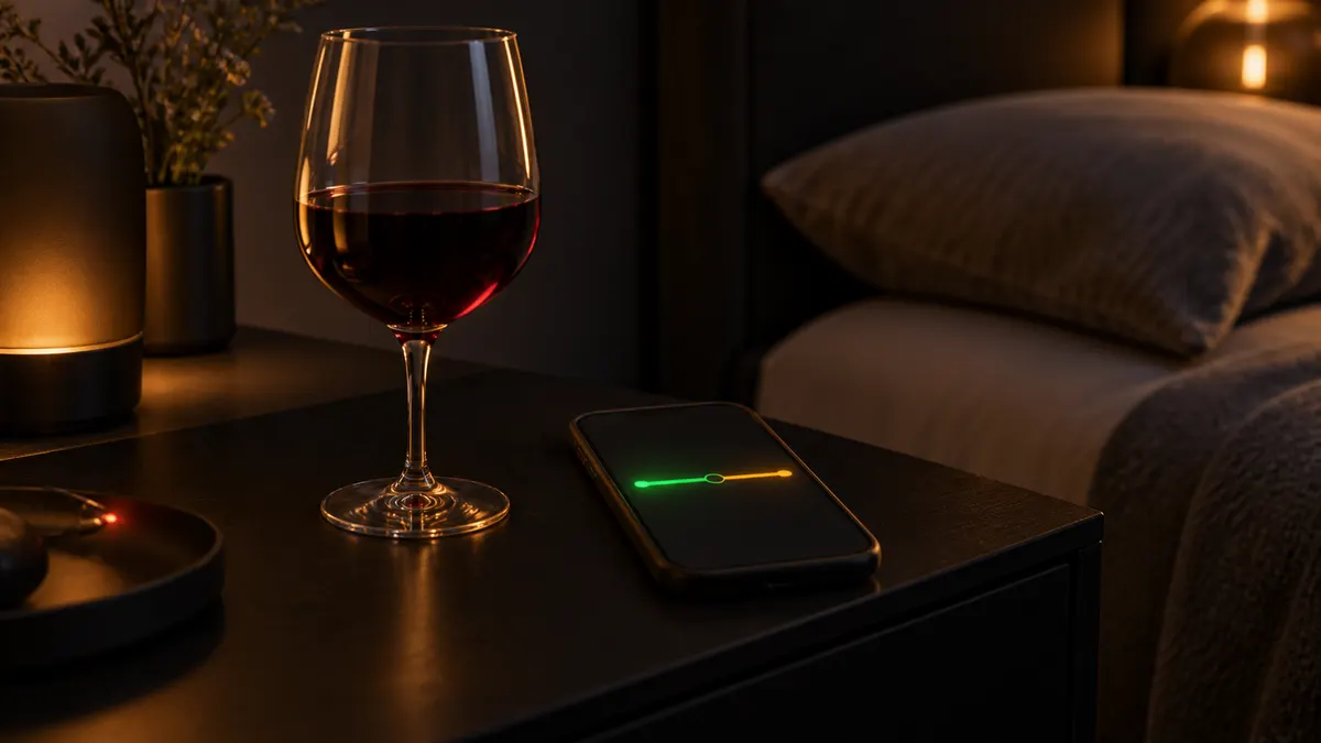 A single wine glass on a dark nightstand beside a phone whose charcoal screen shows a green LED timeline turning amber toward the end, no faces, no text.