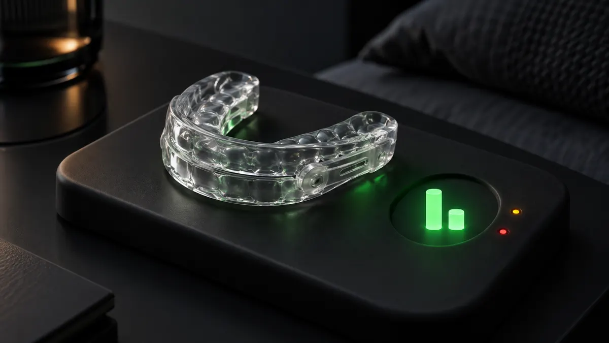 A clear mandibular advancement mouthpiece resting on a dark charcoal neumorphic tile, lit from the side, next to a small green LED chart with two bars, the second one much shorter.