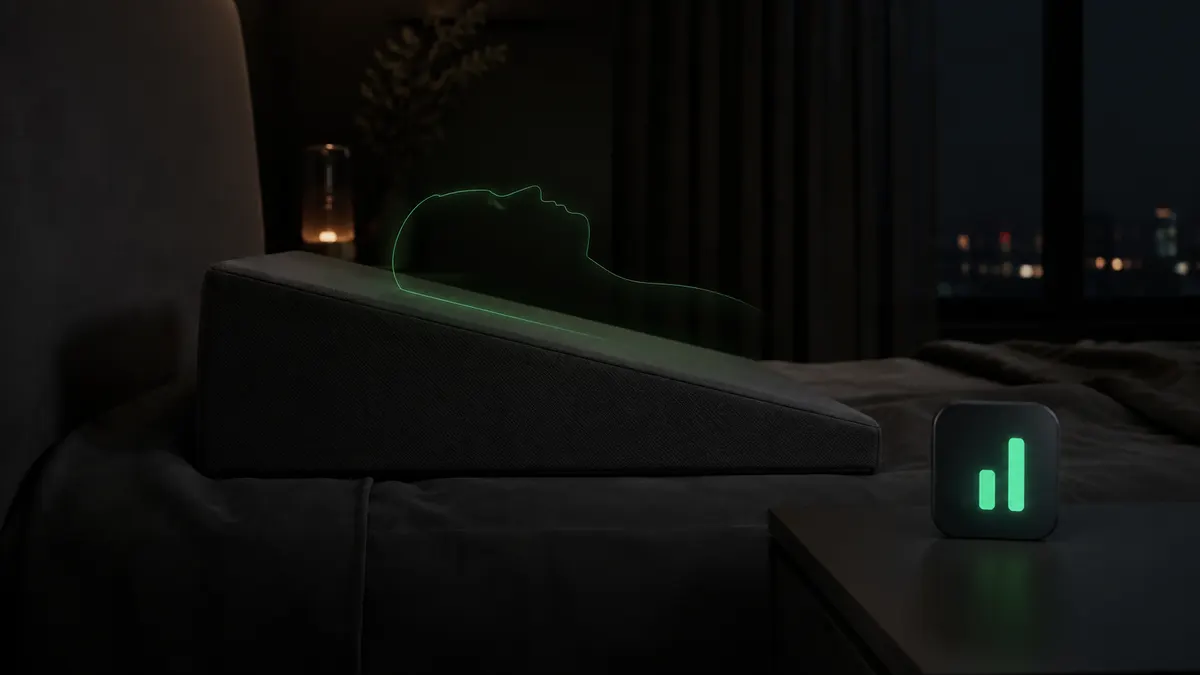 A wedge-shaped pillow on a dark bed seen from the side, a faint green LED outline of a head above it and a small two-bar LED chart on the nightstand.
