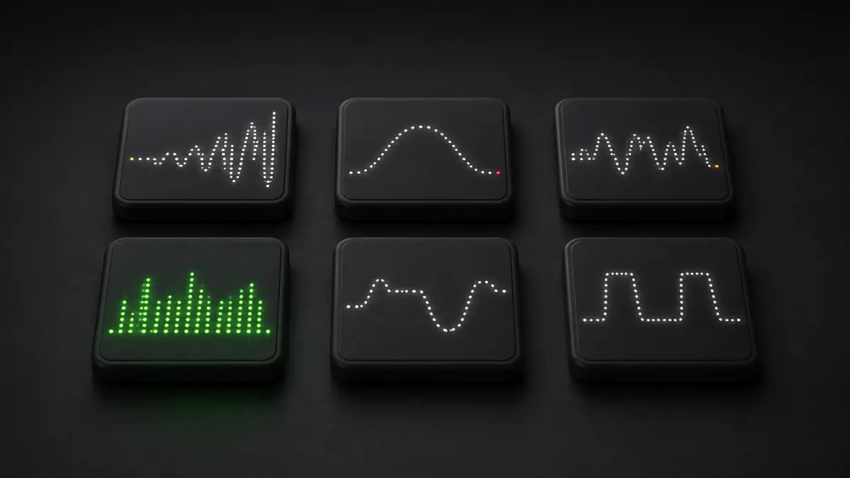 Six small charcoal neumorphic tiles in two rows on a dark surface, each with a different glowing LED waveform, one tile lit brighter green than the rest.