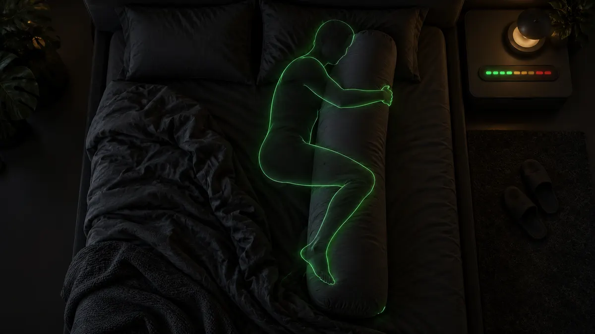 A long body pillow along a dark bed seen from above, a faint green LED outline of a sleeper on their side hugging it and a small LED timeline glowing on the nightstand.