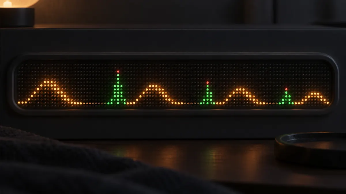 An LED dot-matrix waveform on a charcoal panel showing long slow amber humps like drawn-out exhales, separated by quiet gaps, with a few short green snore spikes for contrast.