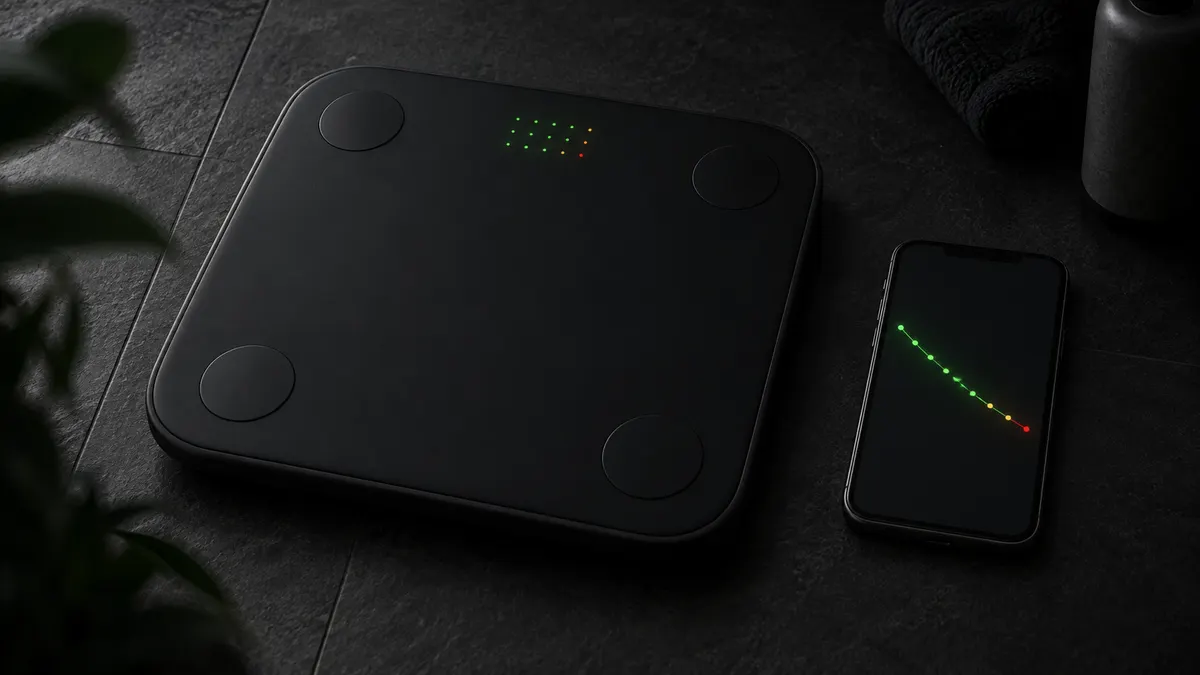 A bathroom scale on a dark floor with a faint green LED readout, a phone beside it showing a green LED downward trend line, no faces, no text.