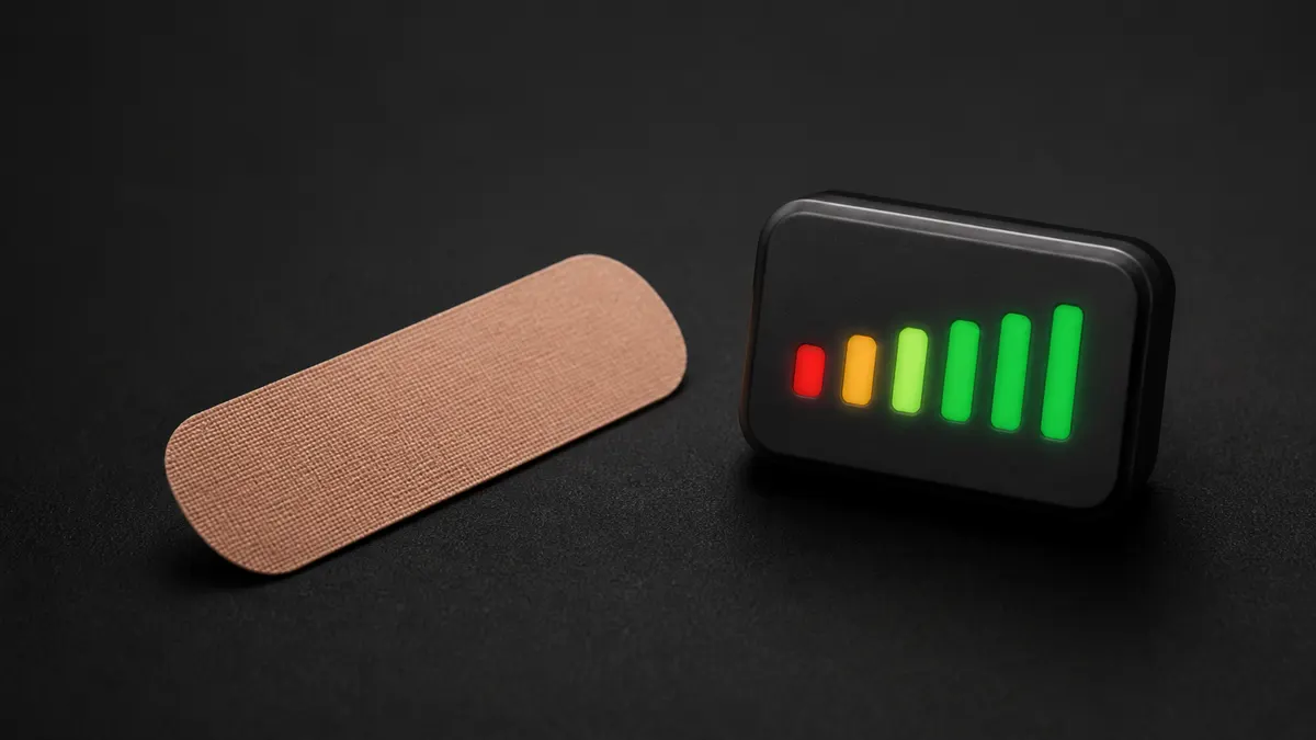 A strip of skin-toned mouth tape lies on a dark surface next to a small charcoal tile with a green LED bar chart of seven nights.