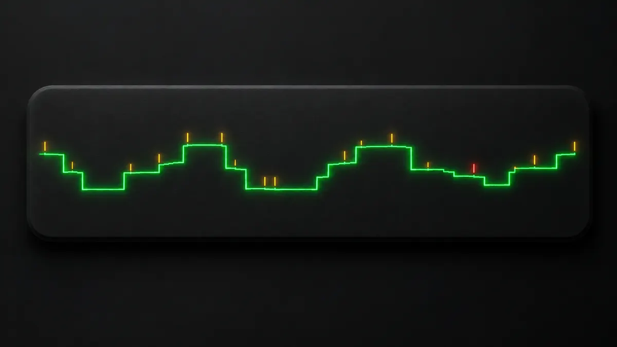 A charcoal neumorphic tile with a green LED hypnogram staircase stepping down and up across the night, with small amber LED ticks marking arousals, no faces, no text.