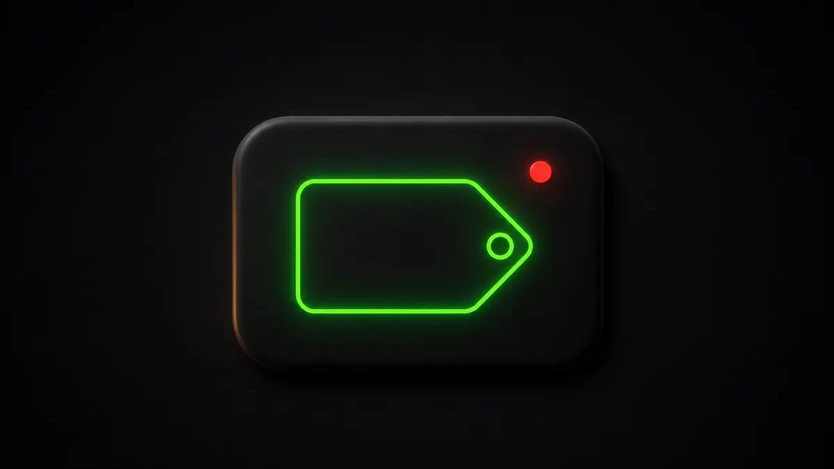 A charcoal neumorphic tile with a glowing green LED price tag icon and a small red record dot