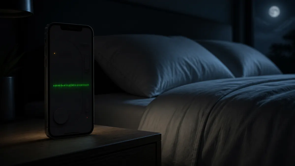 A phone lying face down on a nightstand beside an empty bed in a dark room, with a small waveform card glowing above it.