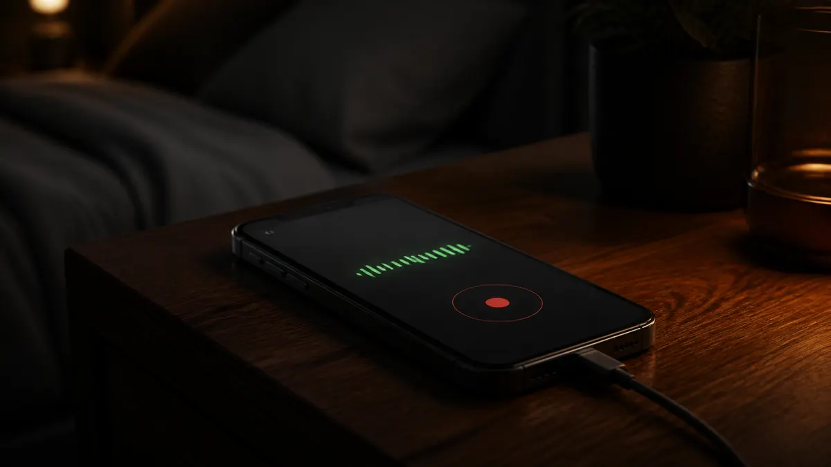 An iPhone lying screen-down on a nightstand beside a bed, charging cable attached, a small waveform floating above it.