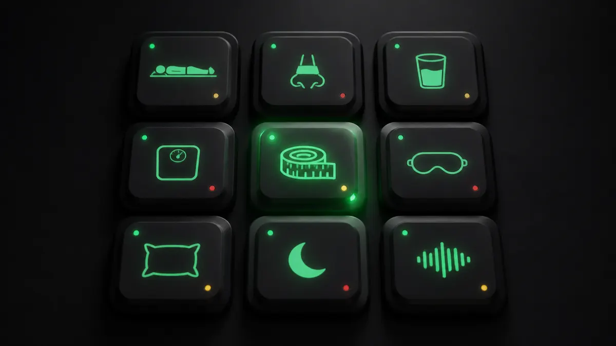 Nine small charcoal tiles in a grid, each with a glowing green LED icon for a snoring fix, one tile lit brighter than the rest.