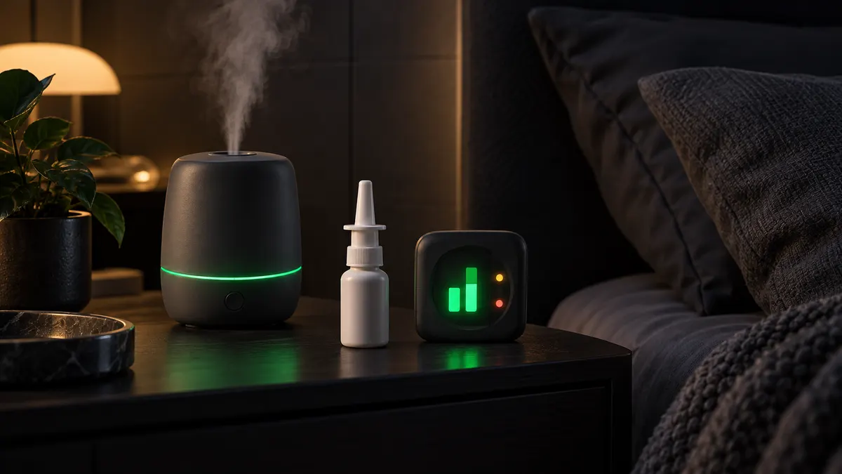 A dark neumorphic nightstand with a small humidifier releasing a faint mist beside a nasal spray bottle, and a small green LED chart with two bars glowing in the corner.