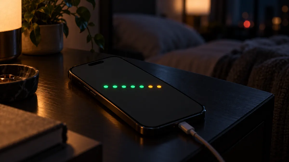 An iPhone on a dark nightstand at night, its screen showing a row of seven LED dots, five lit green and two amber, with a charging cable.