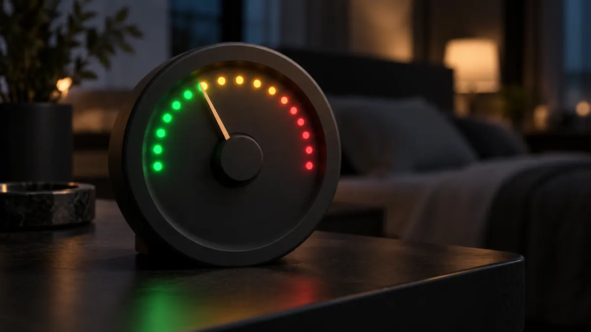 A charcoal neumorphic round gauge with an arc of LED dots from green through amber to red, the needle resting where green meets amber, dark bedroom bokeh behind.