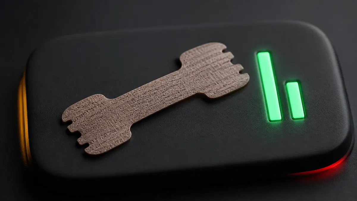 A single adhesive nasal strip on a charcoal tile next to a small green LED chart with two bars, the second one shorter.