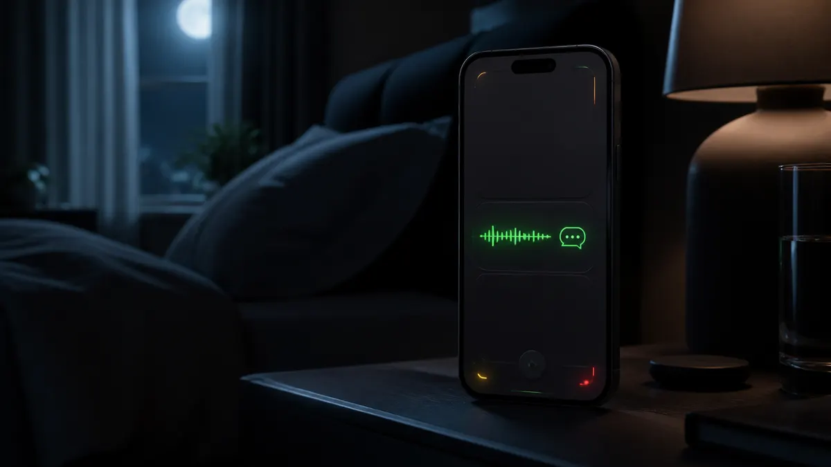 An iPhone on a nightstand at night, its charcoal screen showing a short green LED waveform with a small speech-bubble icon beside it.