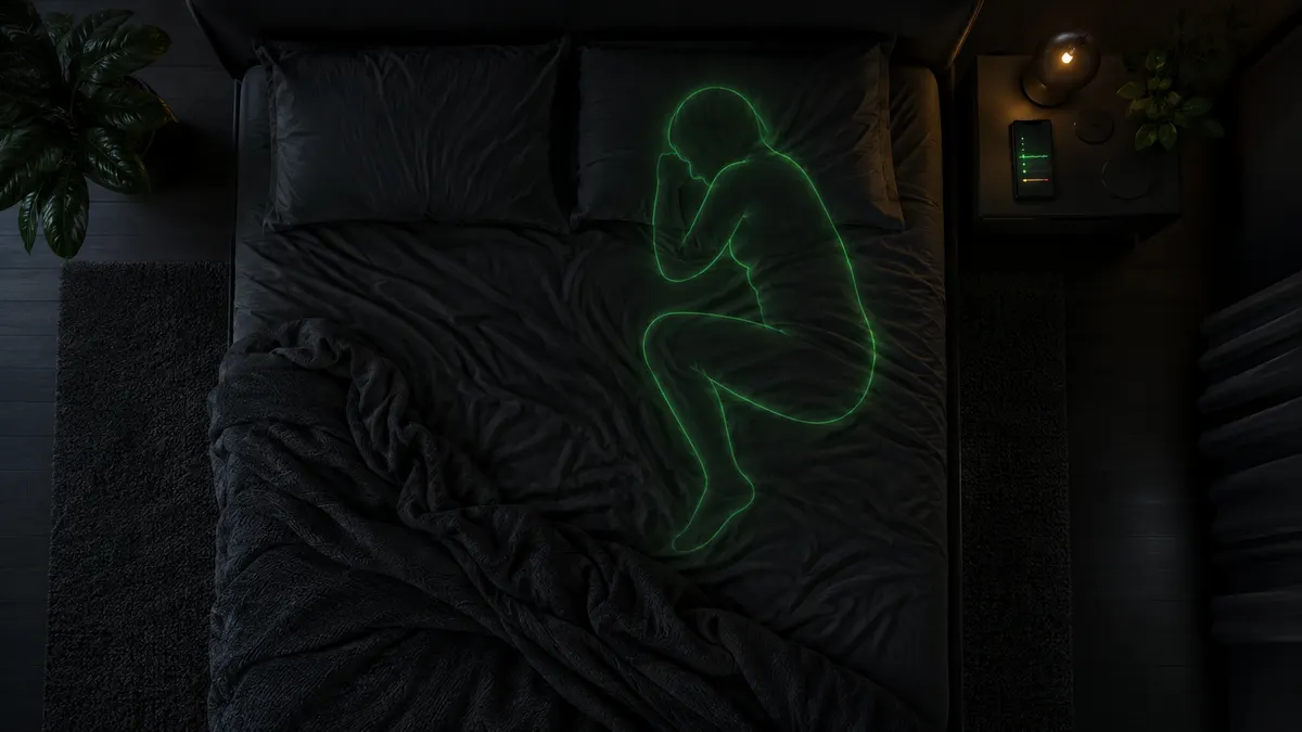 A dark bed seen from above with a faint green LED outline of a person sleeping on their side and a small LED timeline glowing on the nightstand, no faces, no text.