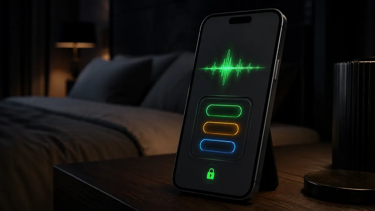 An iPhone on a nightstand in a dark bedroom, its screen showing a glowing green LED waveform sorted into green, amber and blue chips, with a small padlock glyph