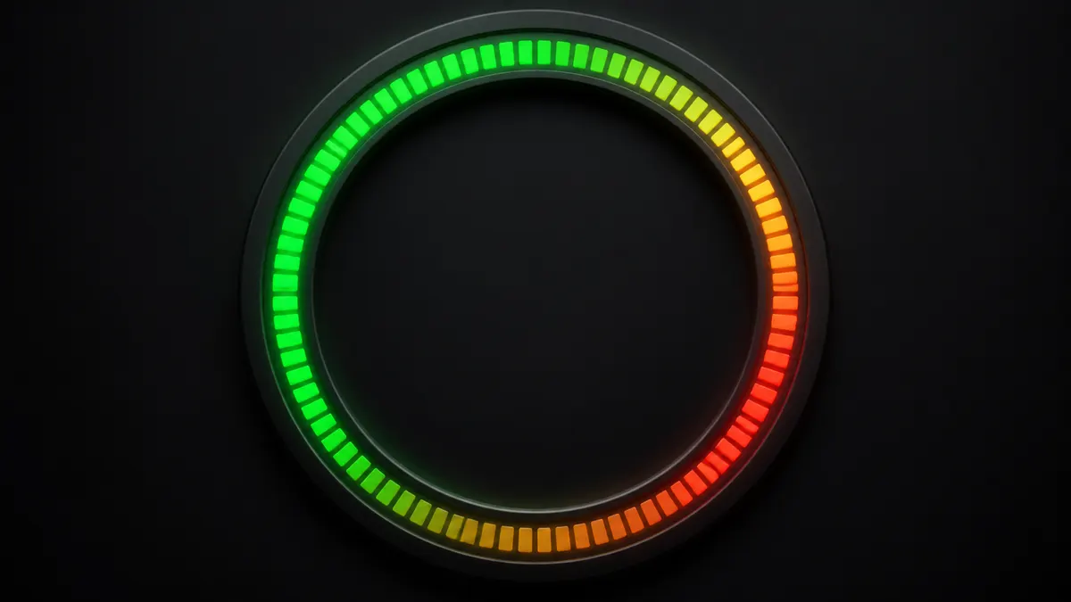 A charcoal neumorphic score ring with LED segments from green through amber to red