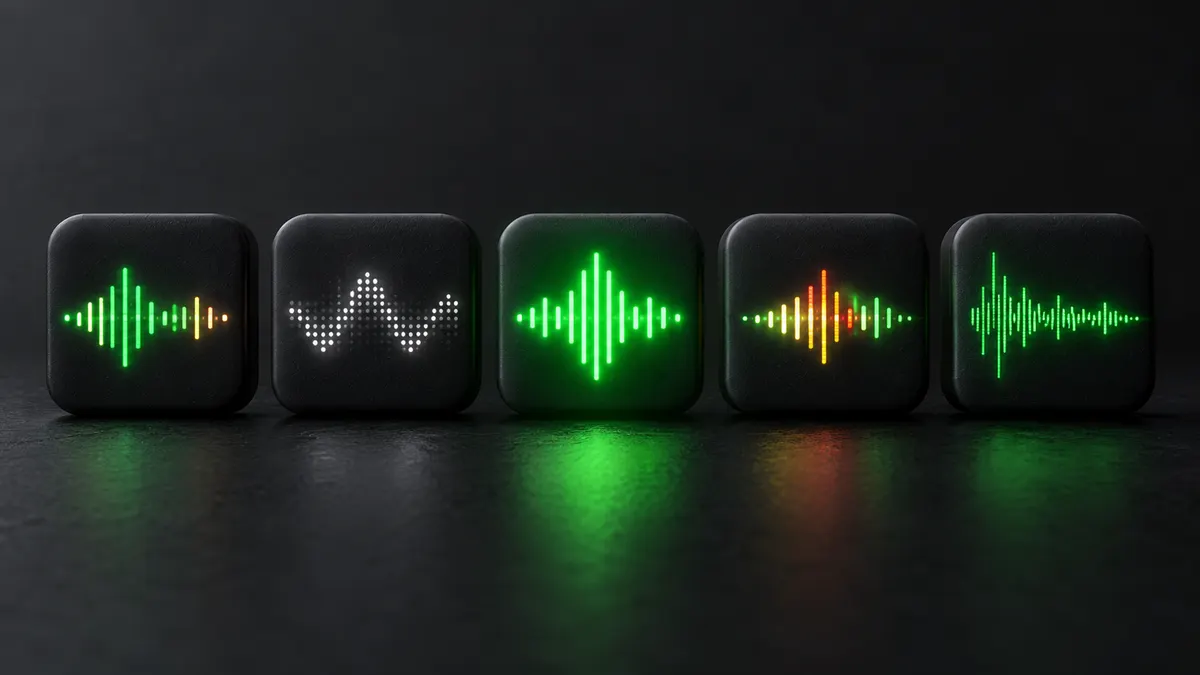 Five small charcoal neumorphic app tiles in a row on a dark surface, each with a different glowing LED waveform, one lit brighter green than the rest.