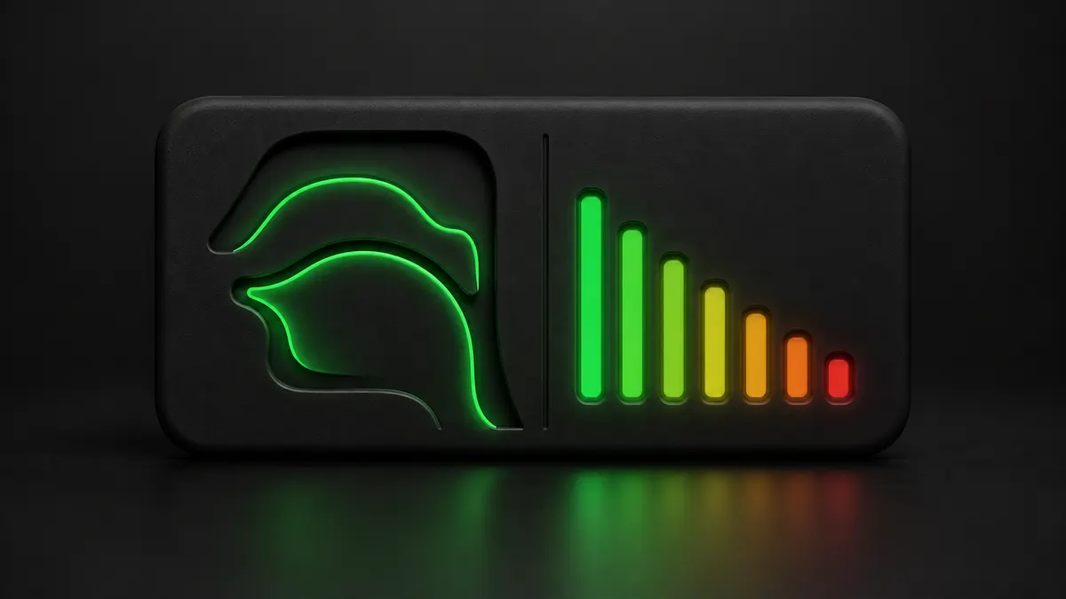A charcoal neumorphic tile with a stylized green LED tongue-and-palate profile glyph and a small eight-week LED bar chart, no faces, no text.