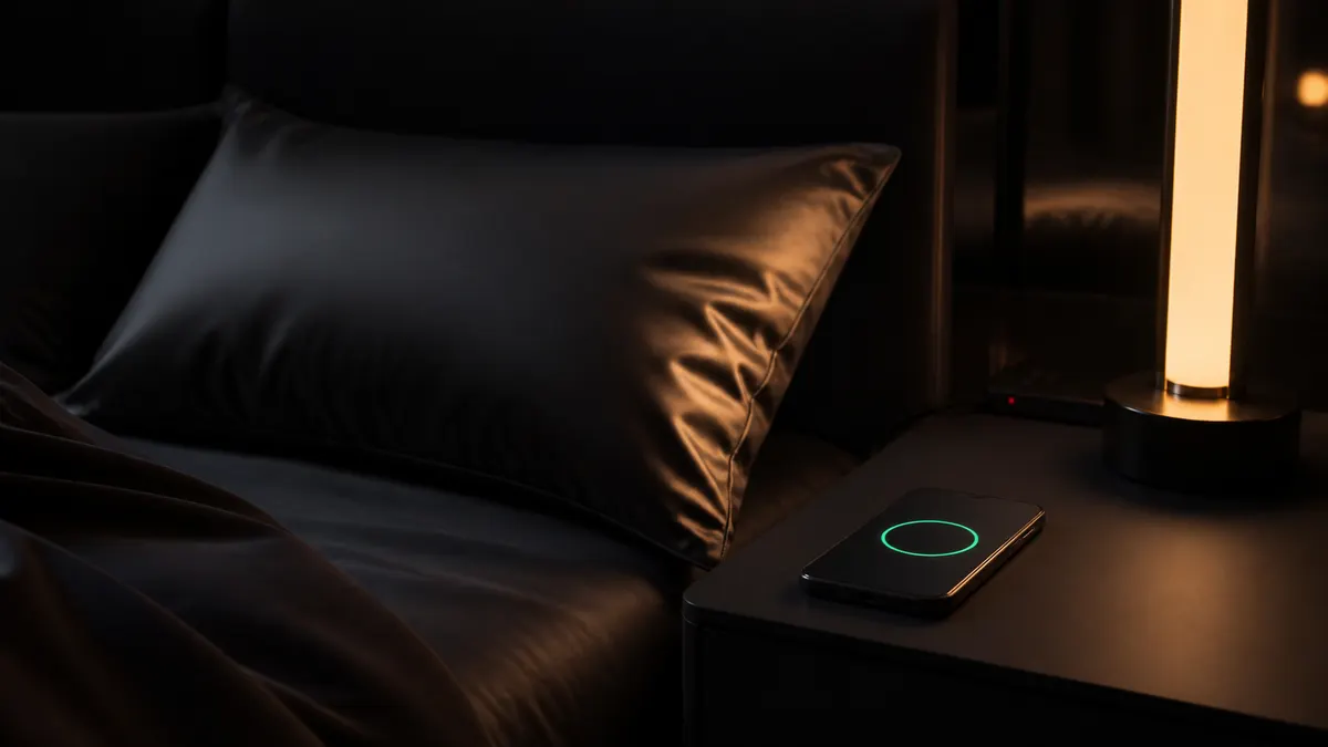 A dark bedroom at night with a silk pillow and a nightstand phone whose charcoal screen shows a soft green LED score ring under warm lamp light.