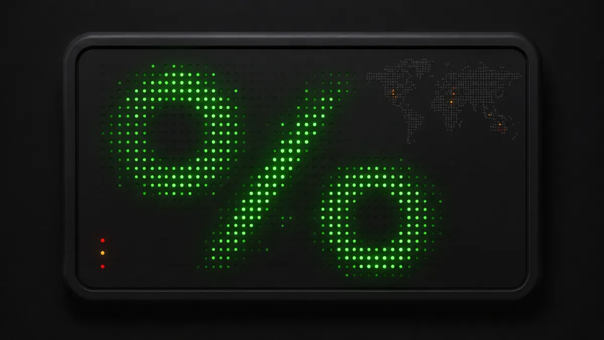 A charcoal dashboard tile with a large percentage-style figure made of glowing green LED dots, a dim dotted world map and a few amber and red accent dots.