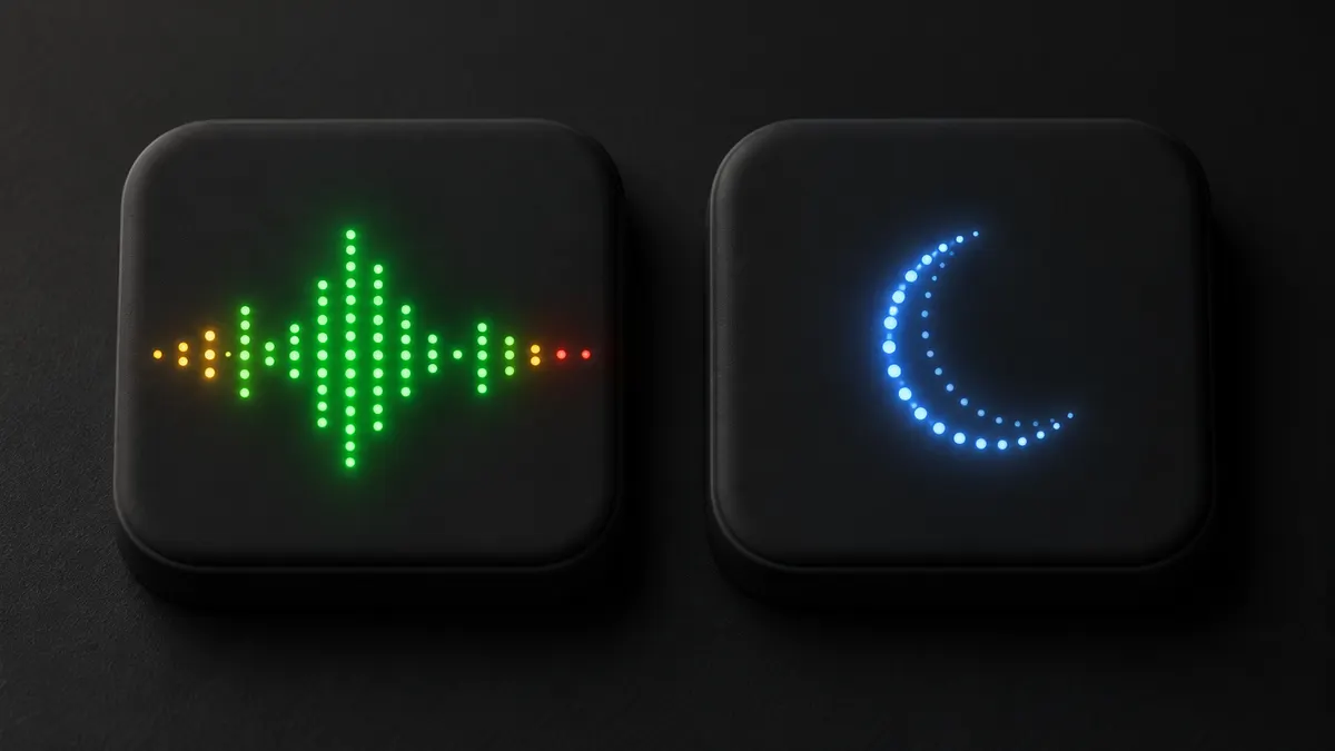 Two charcoal neumorphic tiles side by side, one with a glowing green LED snore waveform and one with a crescent moon made of soft blue LED dots.