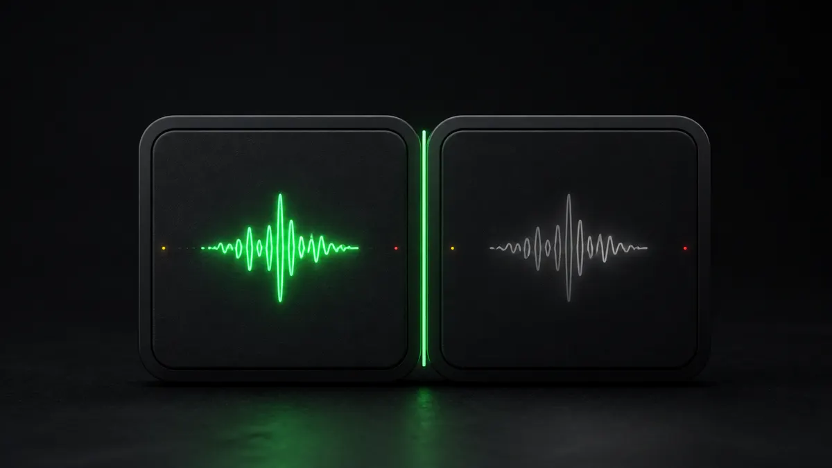 Two charcoal neumorphic tiles side by side, one with a glowing green LED waveform and one with a dim white waveform