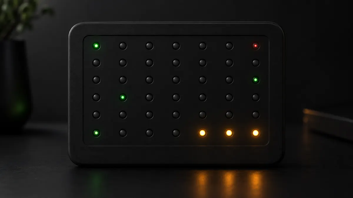 Угольно-серая неоморфная сетка календаря из мелких LED-точек, в основном тусклых, последние несколько ночей горят ярким янтарным, без лиц и без текста.