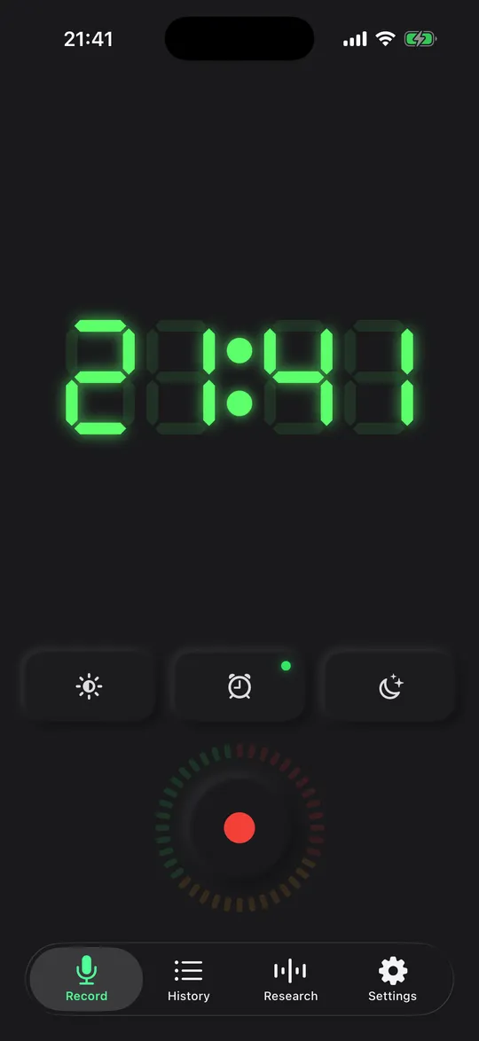 Snorly record screen at 21:41 with a dimmed green LED clock and a red record button
