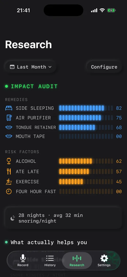 Snorly research screen comparing nights with remedies like side sleeping and factors like alcohol